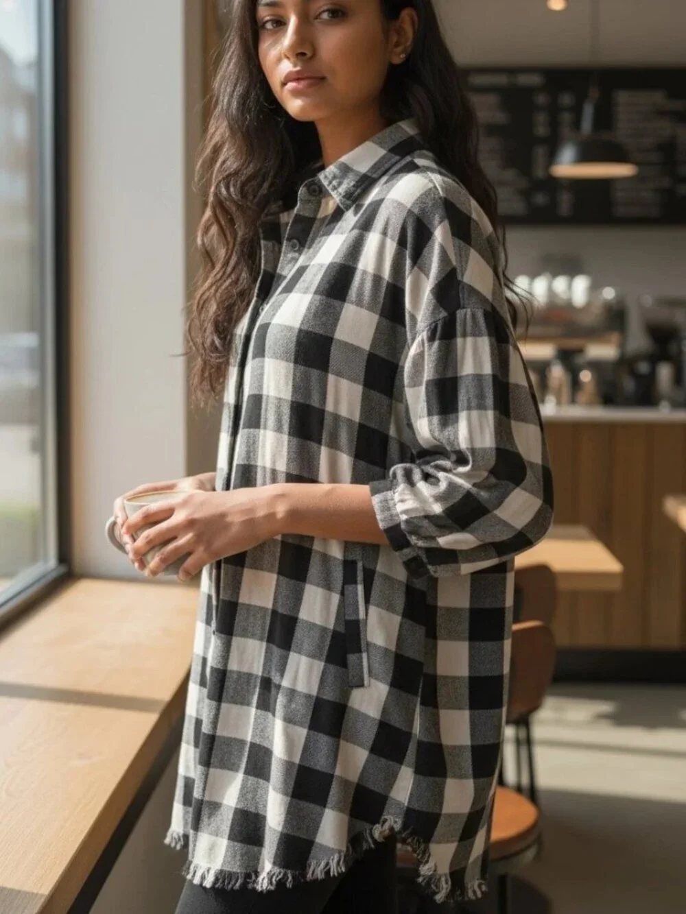 New RISEN Los Angeles Buffalo Plaid Shacket Shirt Dress Raw Hem Sz Lg - Picture 1 of 5